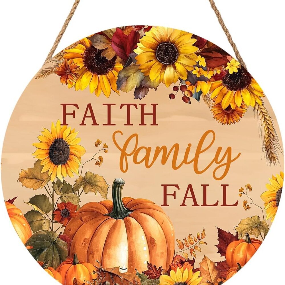 Faith Family Fall Front Door Sign Fall Sunflower Pumpkin Door Decorations Wood S